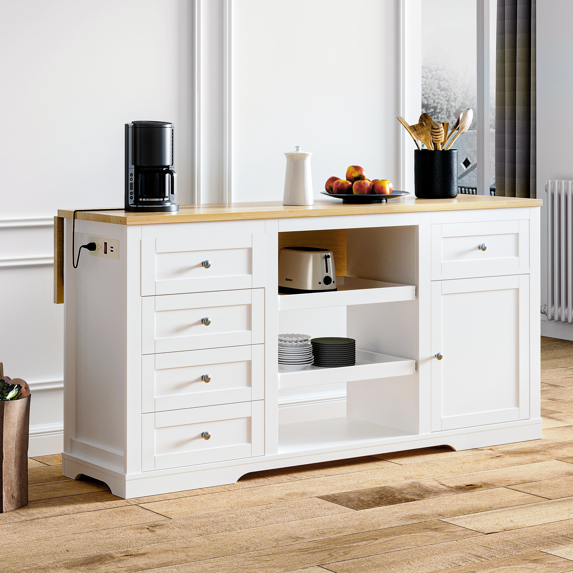 Kitchen Island With Storage Drop Leaf And Power Outlet White_voghion.com